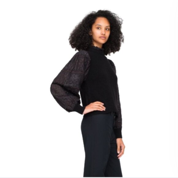 Sea NY Iris Eyelet Sweater Womens Medium Black Long Sleeve Wool Cotton Mock Neck - Picture 2 of 13